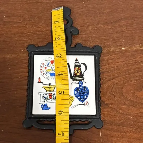 Vintage Ceramic Tile Cast Iron Trivet Folk Art Tulips Coffee Chadwick Japan - Picture 7 of 7